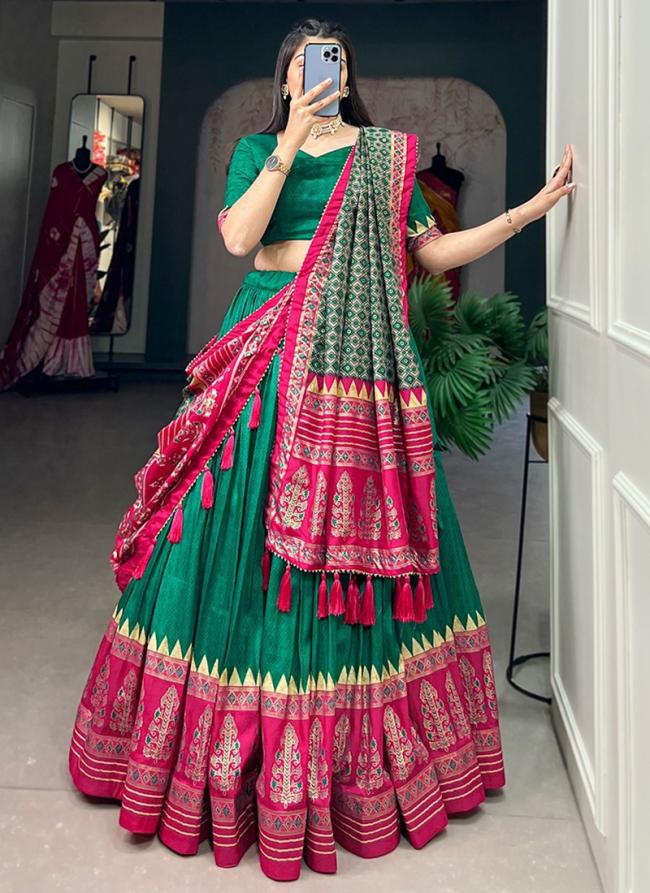 Tussar Silk Green Festival Wear Foil Printed Lehenga Choli